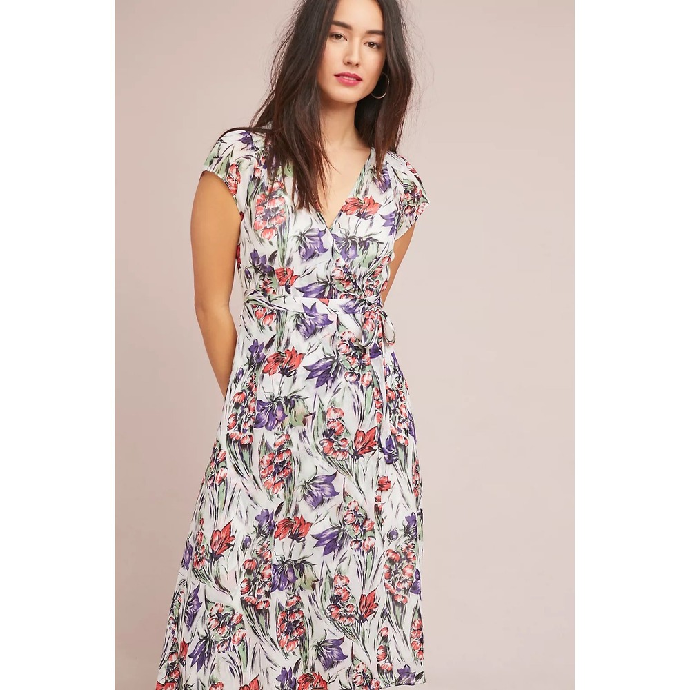 Maeve Anthropologie Floral High-Low‎ Wrap Midi Dress White Red Purple Cap Sleeve